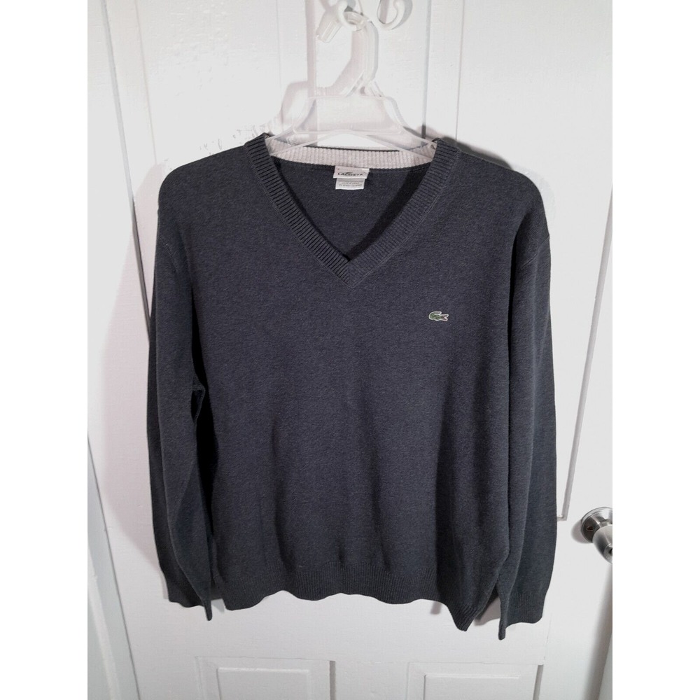 Lacoste Grey Cotton Gray V-Neck Sweater Pullover Size XL/FR 6 Croc‎ Logo